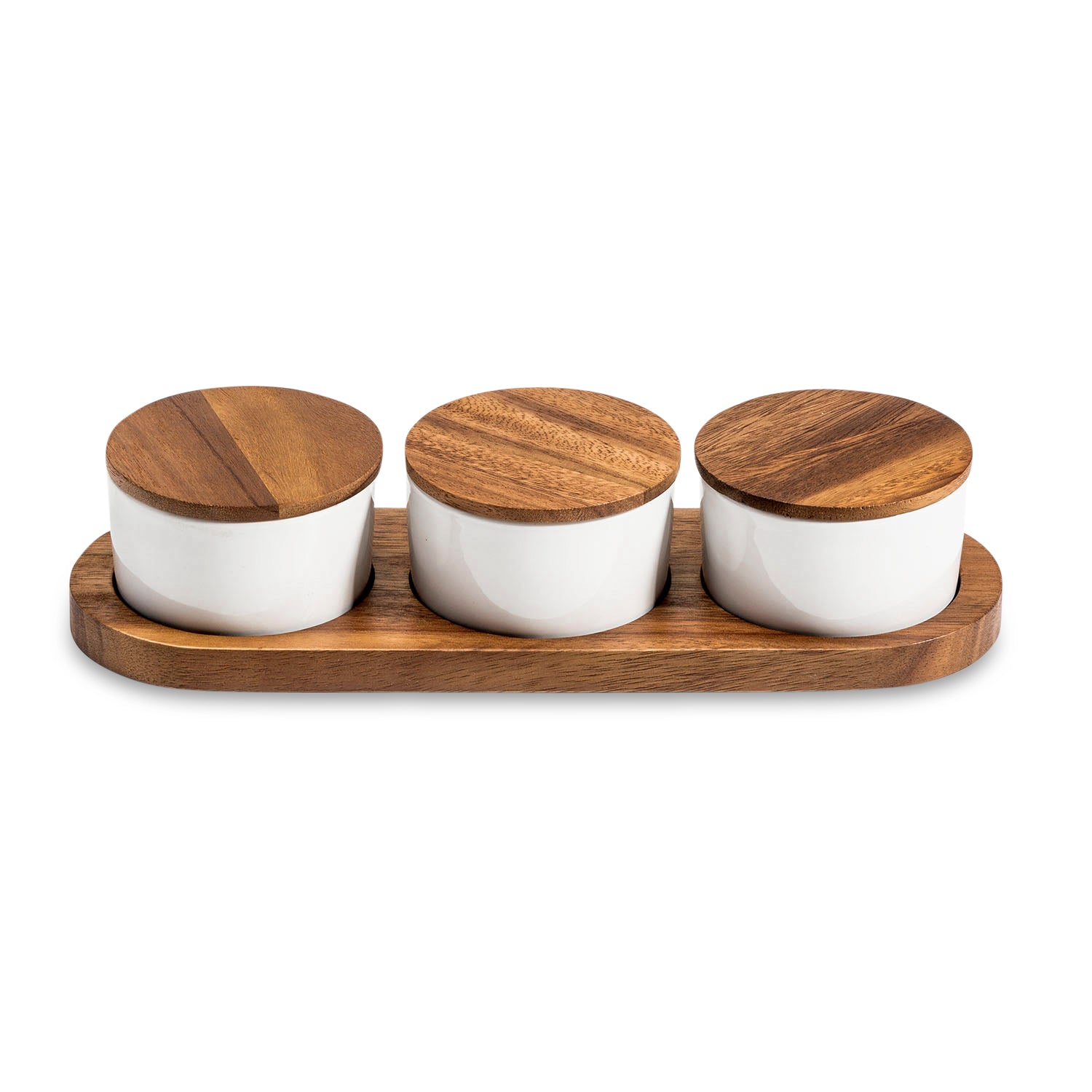 Condiment Serving Set  3 Ceramic Bowls with Lids  13" x 3.75"